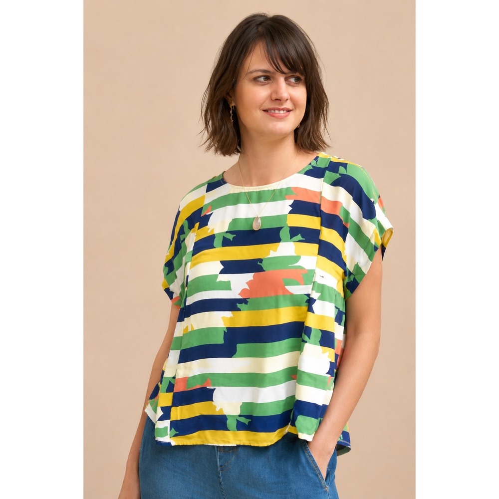 Anthropologie Maeve Small Colorful Stripe Peplum Blouse 100% Viscose Boho Top